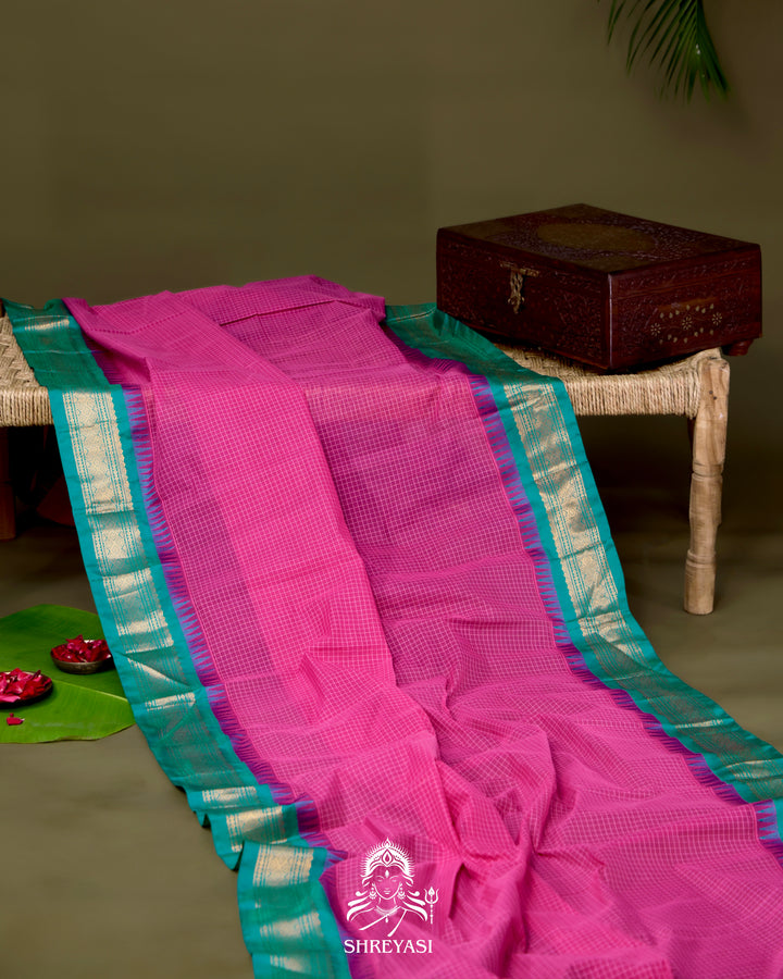 Handloom Pure Gadwal Cotton Saree with Contrast Silk Border and Zari Pallu