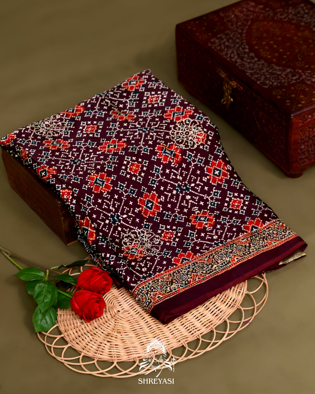 Pure Modal Silk Ajrakh Saree with Swarovski Crystal Embroidery