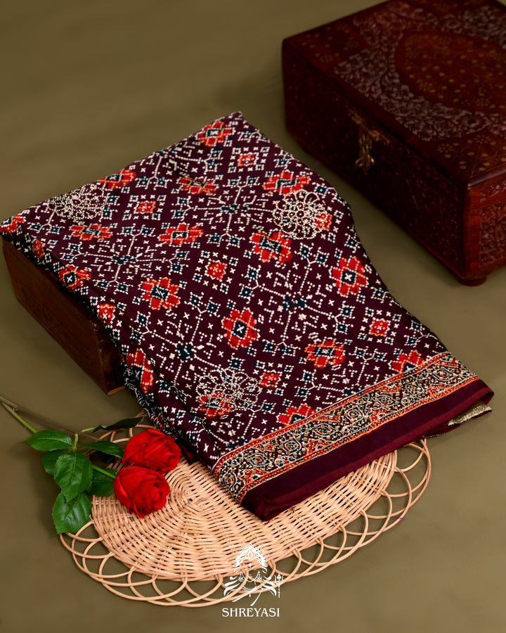 Pure Modal Silk Ajrakh Saree with Swarovski Crystal Embroidery