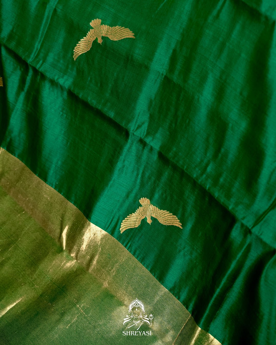 Handloom Pure Chanderi Pattu Silk Saree in Emerald Green with Bird Motifs