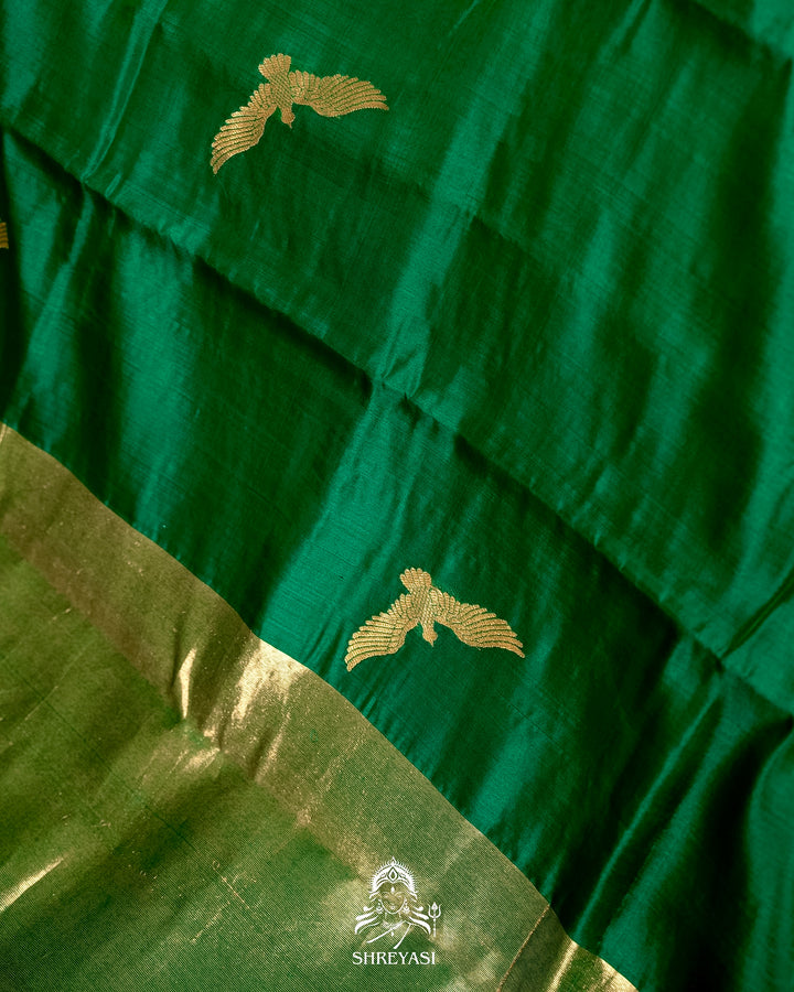 Handloom Pure Chanderi Pattu Silk Saree in Emerald Green with Bird Motifs