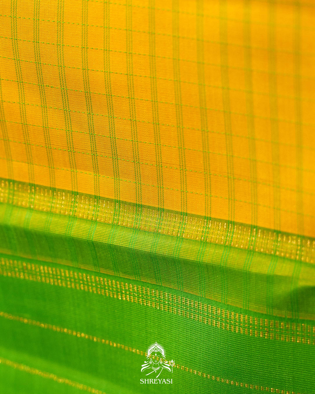Yellow & Parrot Green Kattam Checks Kanjivaram Silk Saree