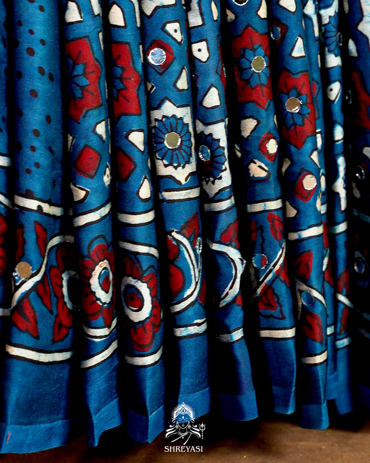 Mirror Work Pure Modal Silk Ajrakh Hand Block Printed Saree | Naturally Dyed Artisan Collection