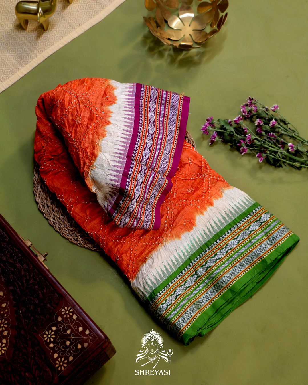 Vidarbha Karvati Kinar Tussar Silk Saree with Hand-Knotted Bandhej