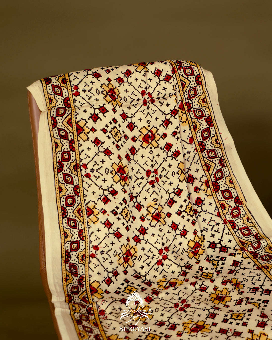 Pure Modal Gaji Silk Lagdi Patta Ivory Red Ajrakh Saree in Natural Dyes