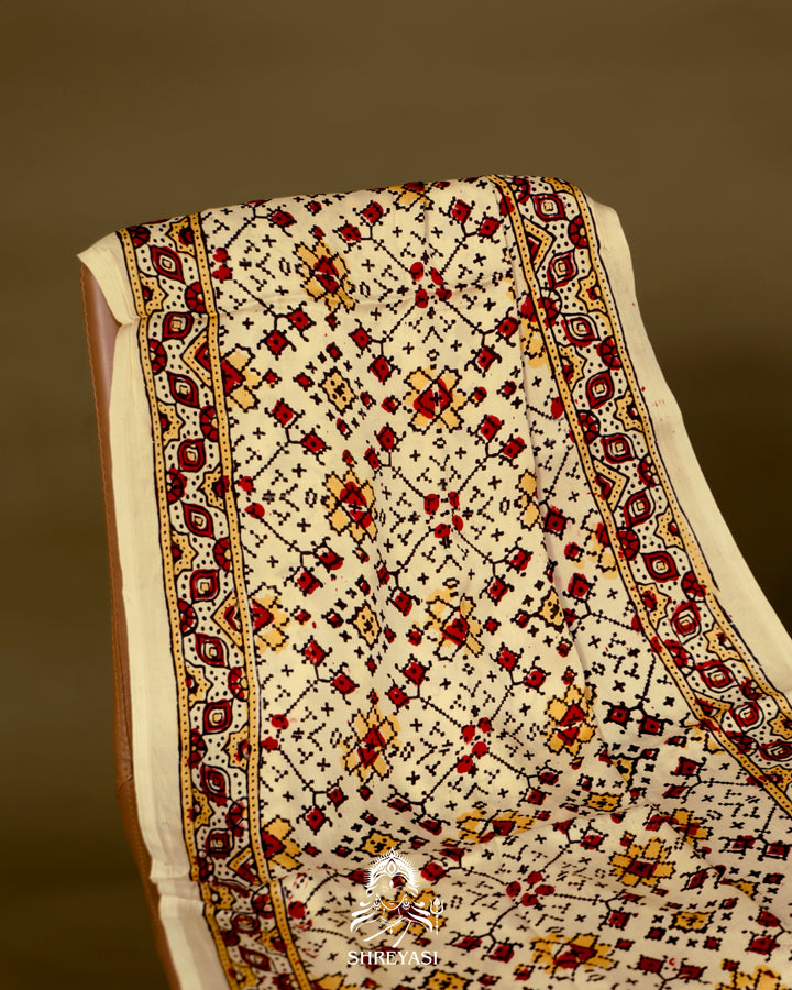 Pure Modal Gaji Silk Lagdi Patta Ivory Red Ajrakh Saree in Natural Dyes