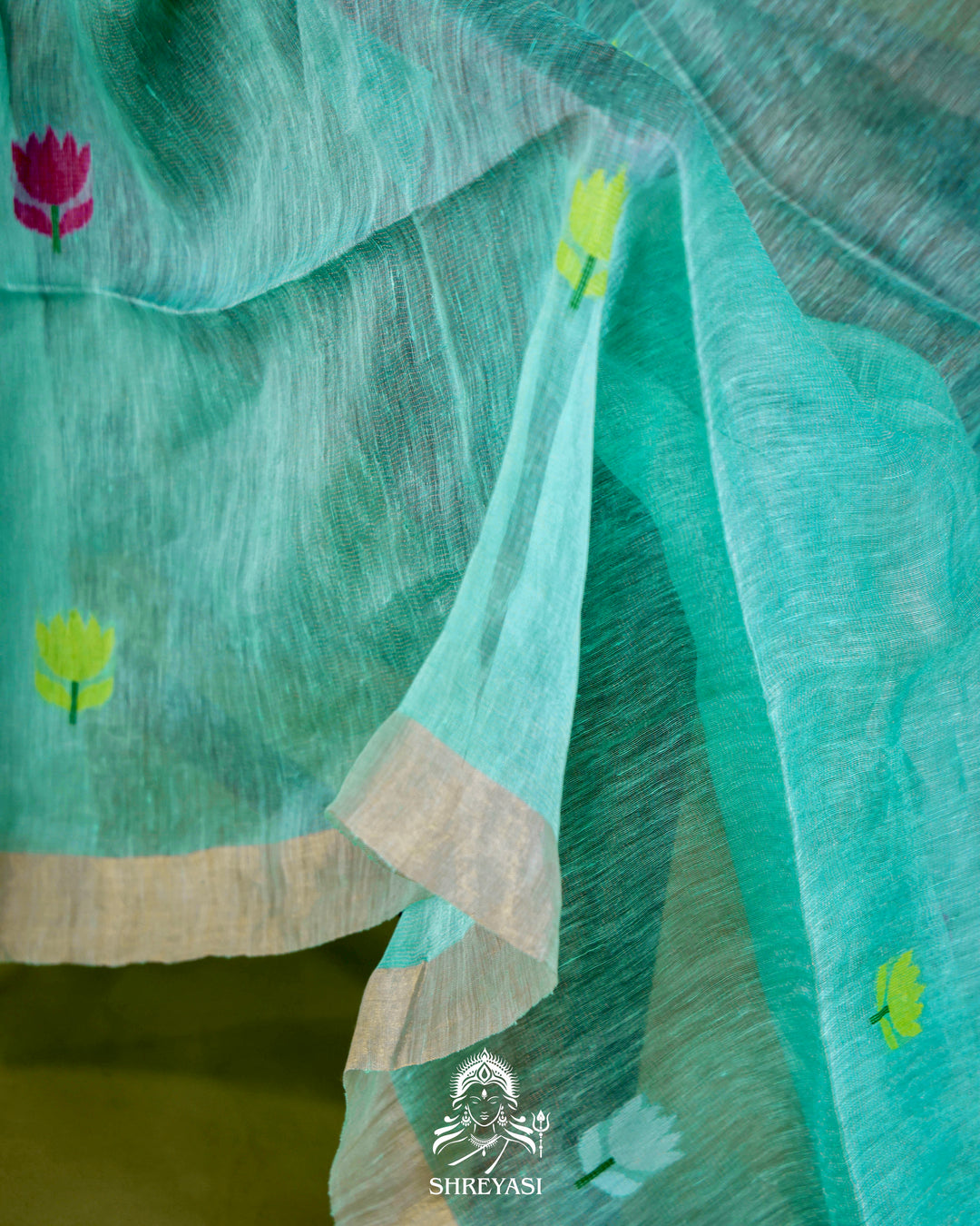 Handloom Silk Linen Jamdani Saree with Tissue Paithani Pallu