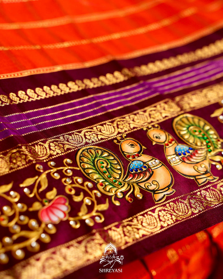 Handloom Pure Kanjivaram Silk Sarees with Real Zari and Hand Painted Tanjore Art