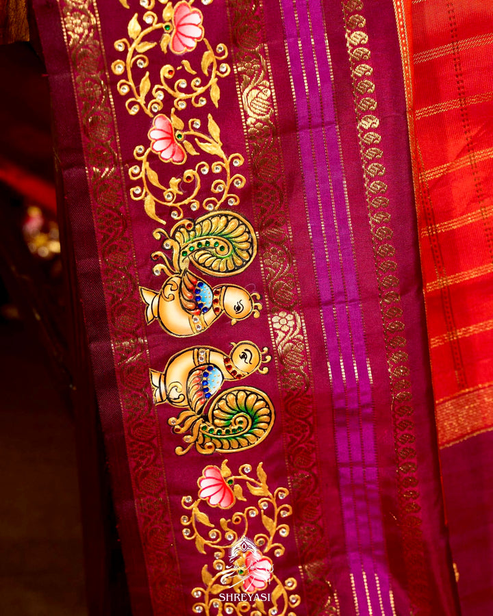 Handloom Pure Kanjivaram Silk Sarees with Real Zari and Hand Painted Tanjore Art