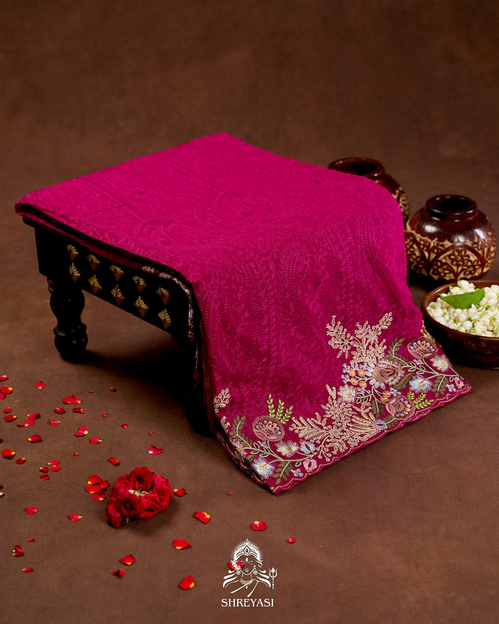 Premium Pure Georgette Chikankari Saree in Jewel Magenta with Embroidered Floral Borders