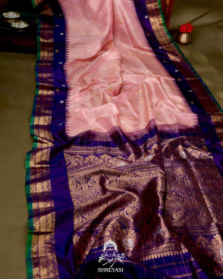 Gadwal Silk Saree with Kuttu Korvai Border and Contrast Checked Blouse