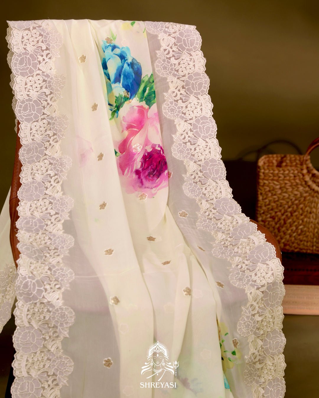 Floral Georgette Saree with Sequin Embroidery and Chantilly Lace Borders