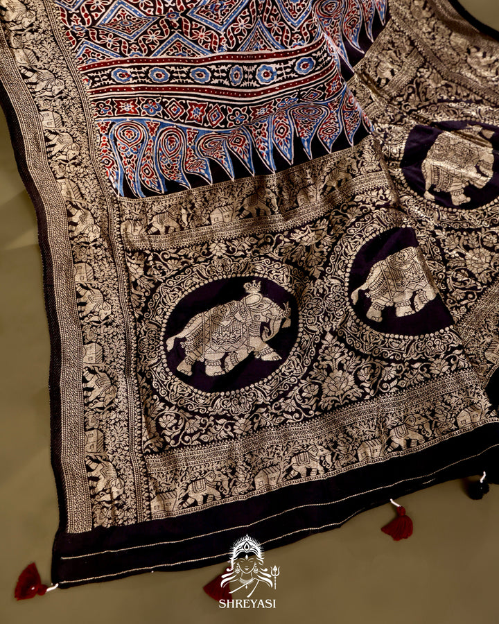 Hand Block Printed Ajrakh Dola Silk Saree with Zari Brocade Blouse