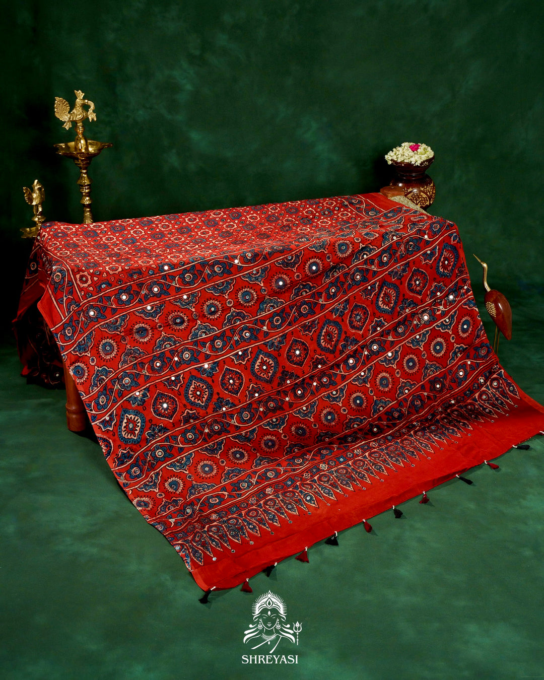 Mirror Work Pure Modal Silk Ajrakh Hand Block Printed Saree | Naturally Dyed Artisan Collection