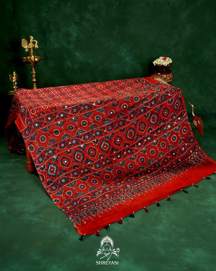 Mirror Work Pure Modal Silk Ajrakh Hand Block Printed Saree | Naturally Dyed Artisan Collection