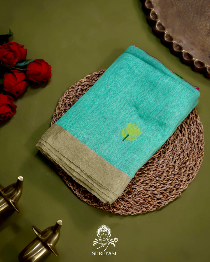 Handloom Silk Linen Jamdani Saree with Tissue Paithani Pallu
