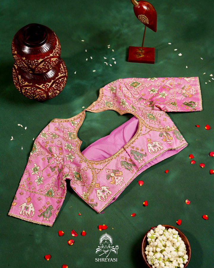 Handloom Pure Single Ikat Rajkot Patola Silk Blouse with Rich Hand Embroidery