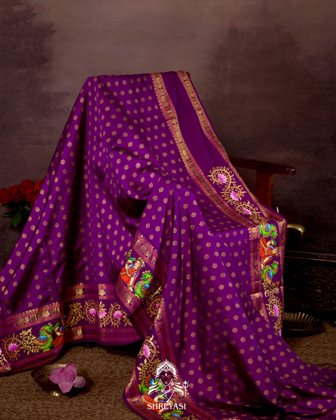 Handloom Pure Kanjivaram Silk Saree in Real Zari with Tanjore Madhura Meenakshi, Mayil and Kamalam Artwork