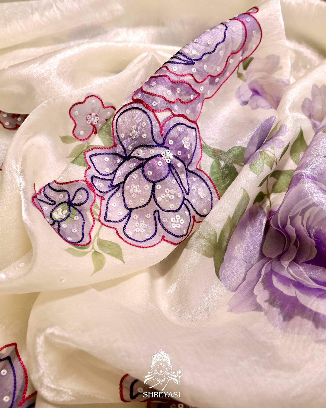 Glass Tissue Saree with Floral Print and  Embroidery