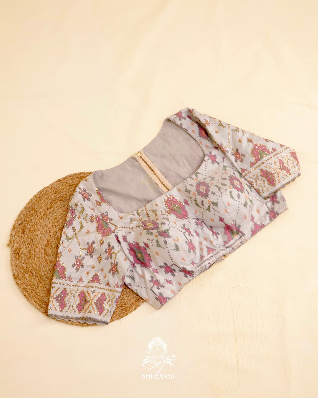 Rajkot Patola single ikat silk blouse with geometric motifs and pita embroidery