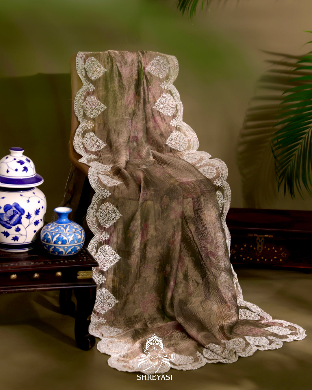 Handloom Pure Crushed Ektara Tissue Silk Saree with Floral Print and Scallop Embroidery