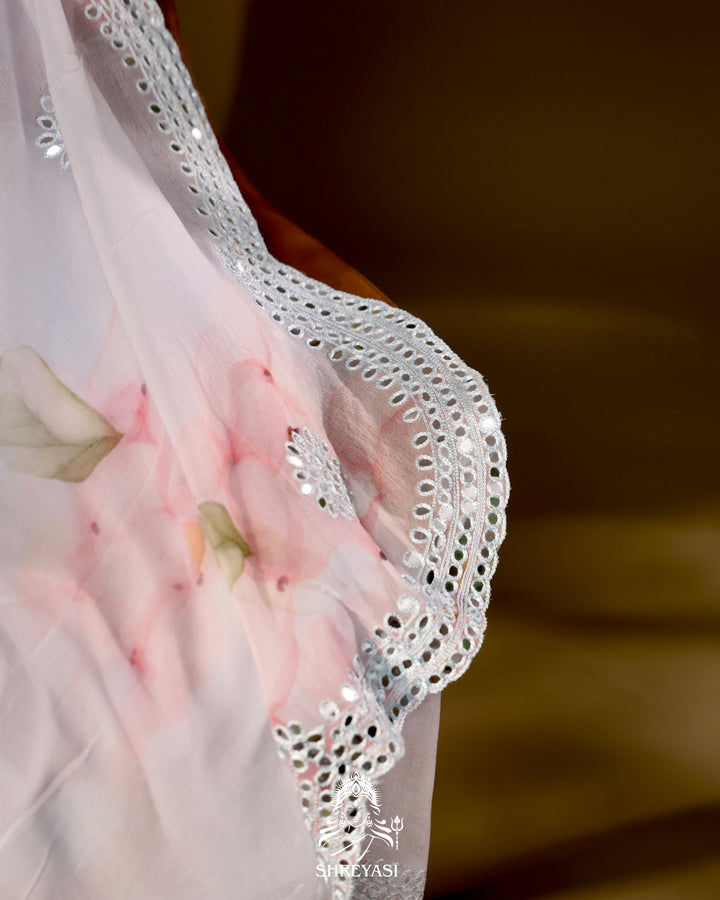 Floral Chiffon Georgette Saree with Scalloped Mirror Embroidery