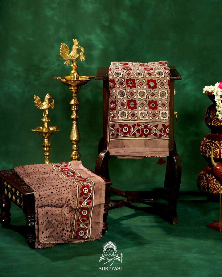 Mirror Work Pure Modal Silk Ajrakh Hand Block Printed Saree | Naturally Dyed Artisan Collection