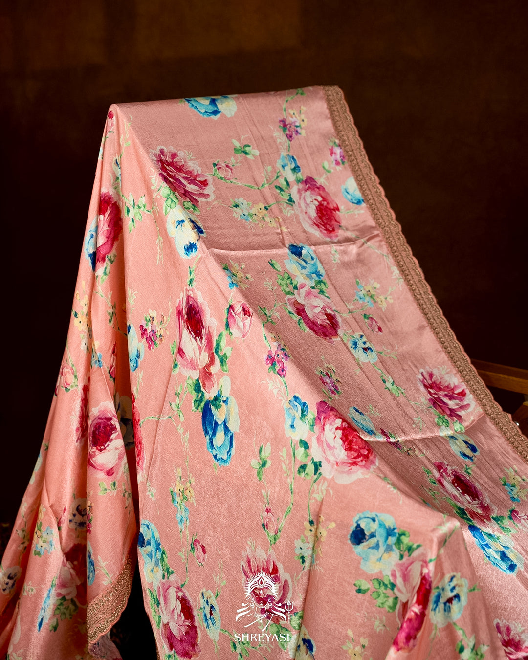 Pure Chinon Satin Saree with Floral Print & Embroidered Scallop Borders