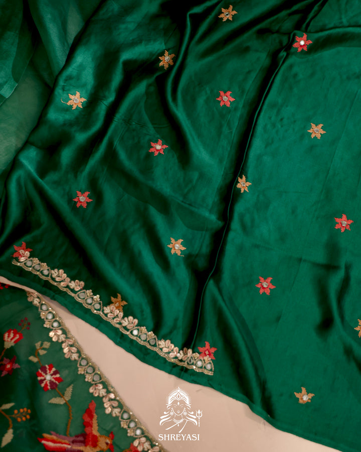 Organza Silk Saree with All-Over Petit Point Embroidery and Gotapatti Border
