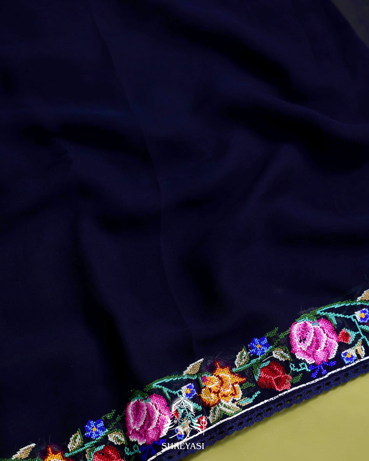 Pure Georgette Saree with Petit Point Embroidery and Lace Borders