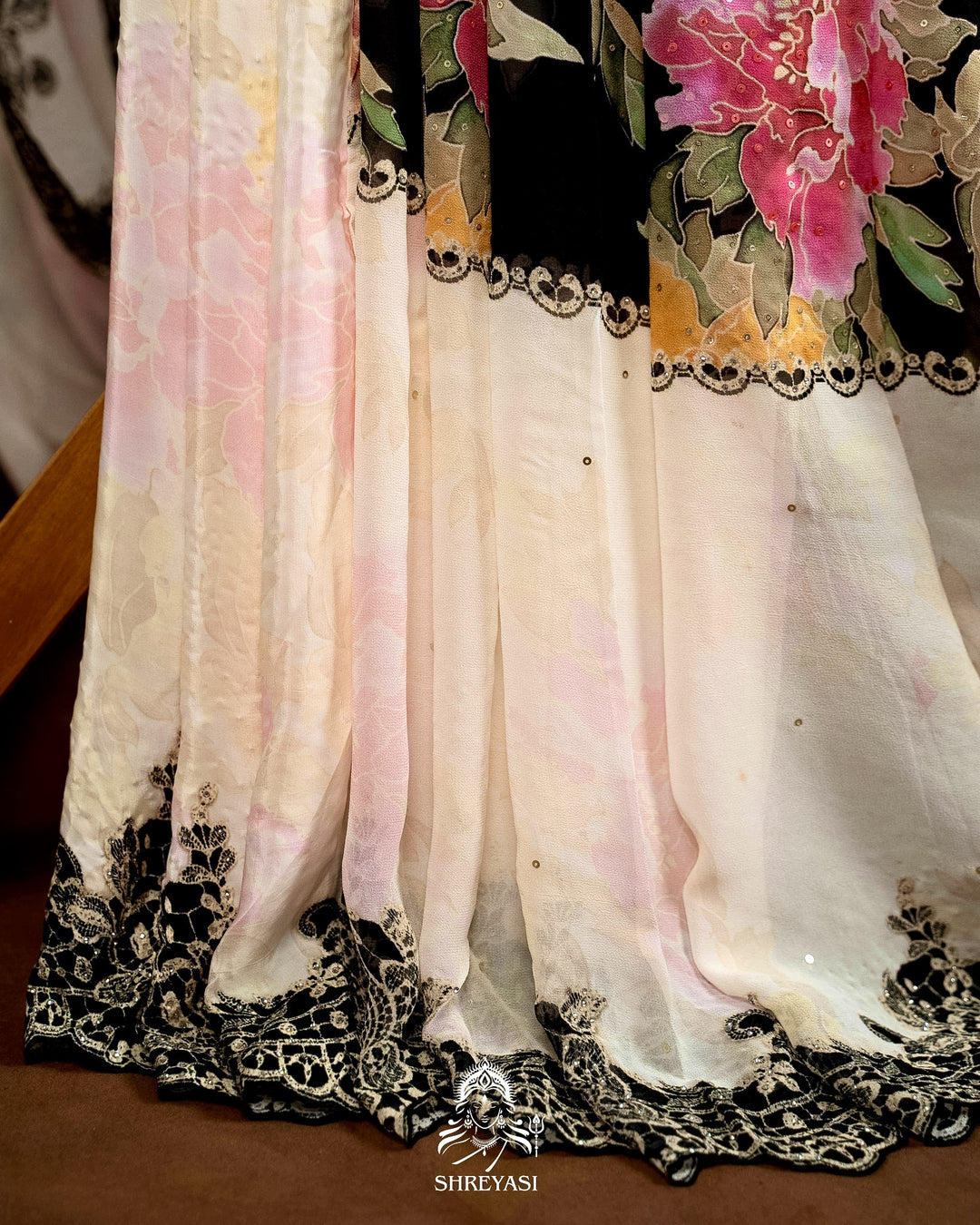 Pure Georgette Floral Saree with Chantilly Lace Embroidery Border