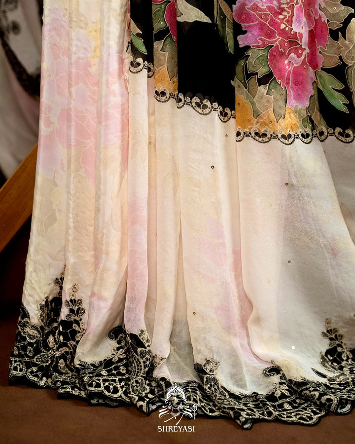 Pure Georgette Floral Saree with Chantilly Lace Embroidery Border