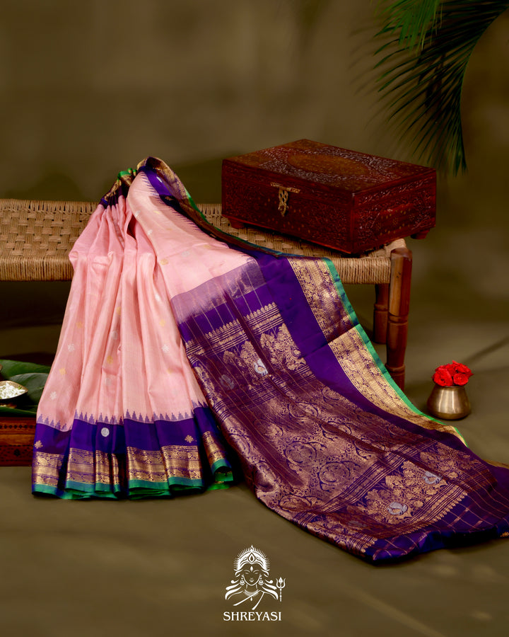 Gadwal Silk Saree with Kuttu Korvai Border and Contrast Checked Blouse