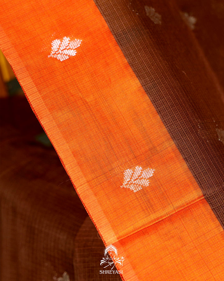 Chocolate Brown Handloom Pure Zari Kota Saree with Orange Contrast Blouse