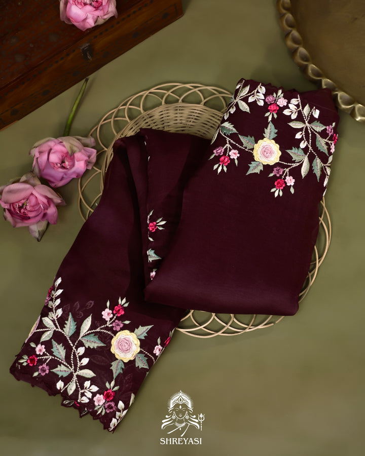 Organza Silk Saree with Floral Thread & French Knot Embroidery