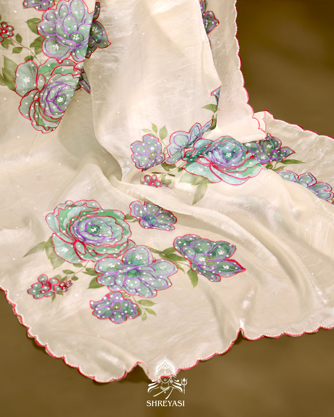 Glass Tissue Saree with Floral Print and  Embroidery