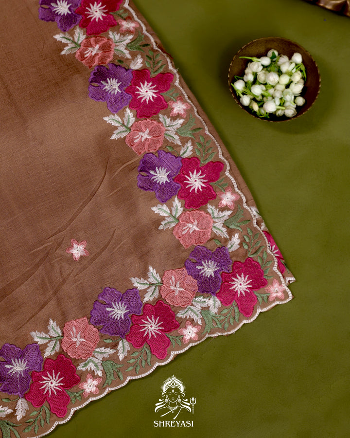 Tussar Silk Saree with Resham Floral Embroidery Border