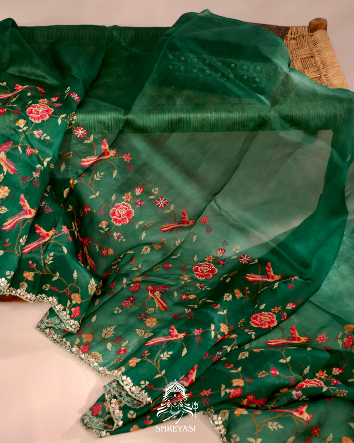Organza Silk Saree with All-Over Petit Point Embroidery and Gotapatti Border