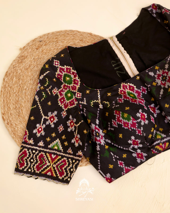 Rajkot Patola single ikat silk blouse with geometric motifs and pita embroidery