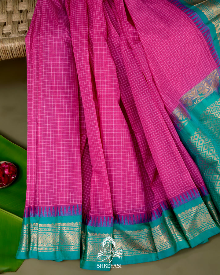 Handloom Pure Gadwal Cotton Saree with Contrast Silk Border and Zari Pallu