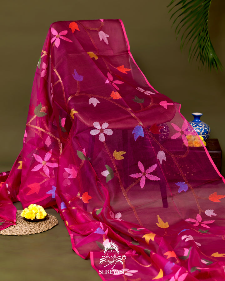 Handloom Pure Muslin Jamdani Saree in Full Jaal Needle Weaving