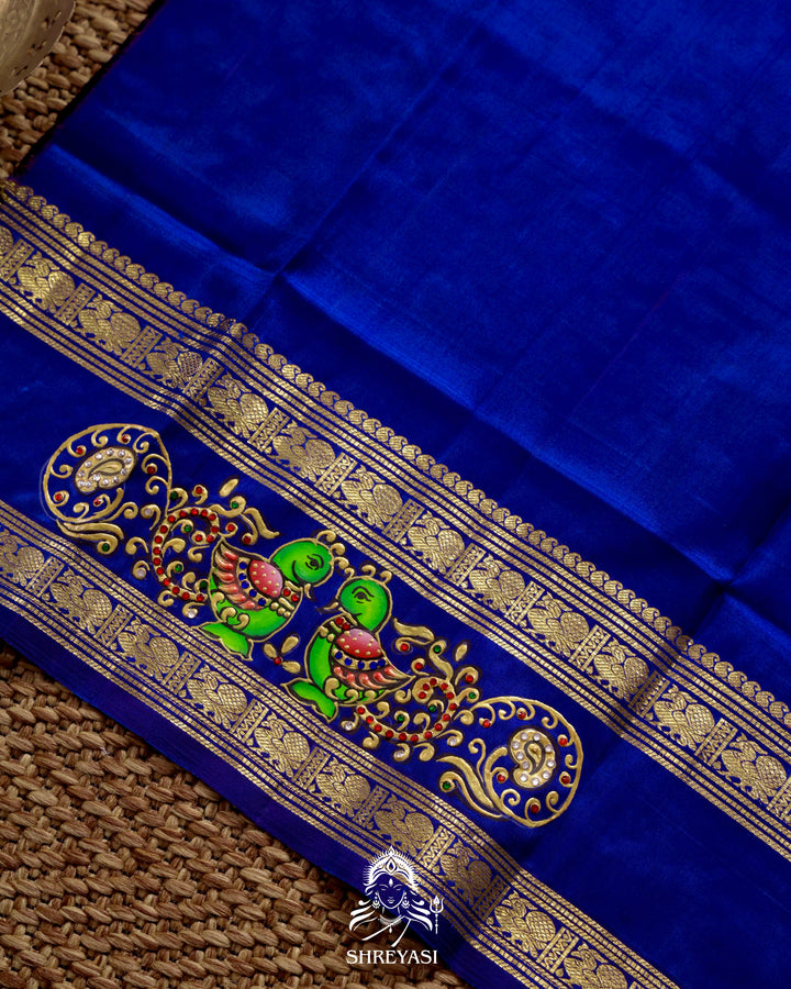 Handloom Pure Kanjivaram Silk Saree in Real Zari with Tanjore Mayil and Kamalam Artwork