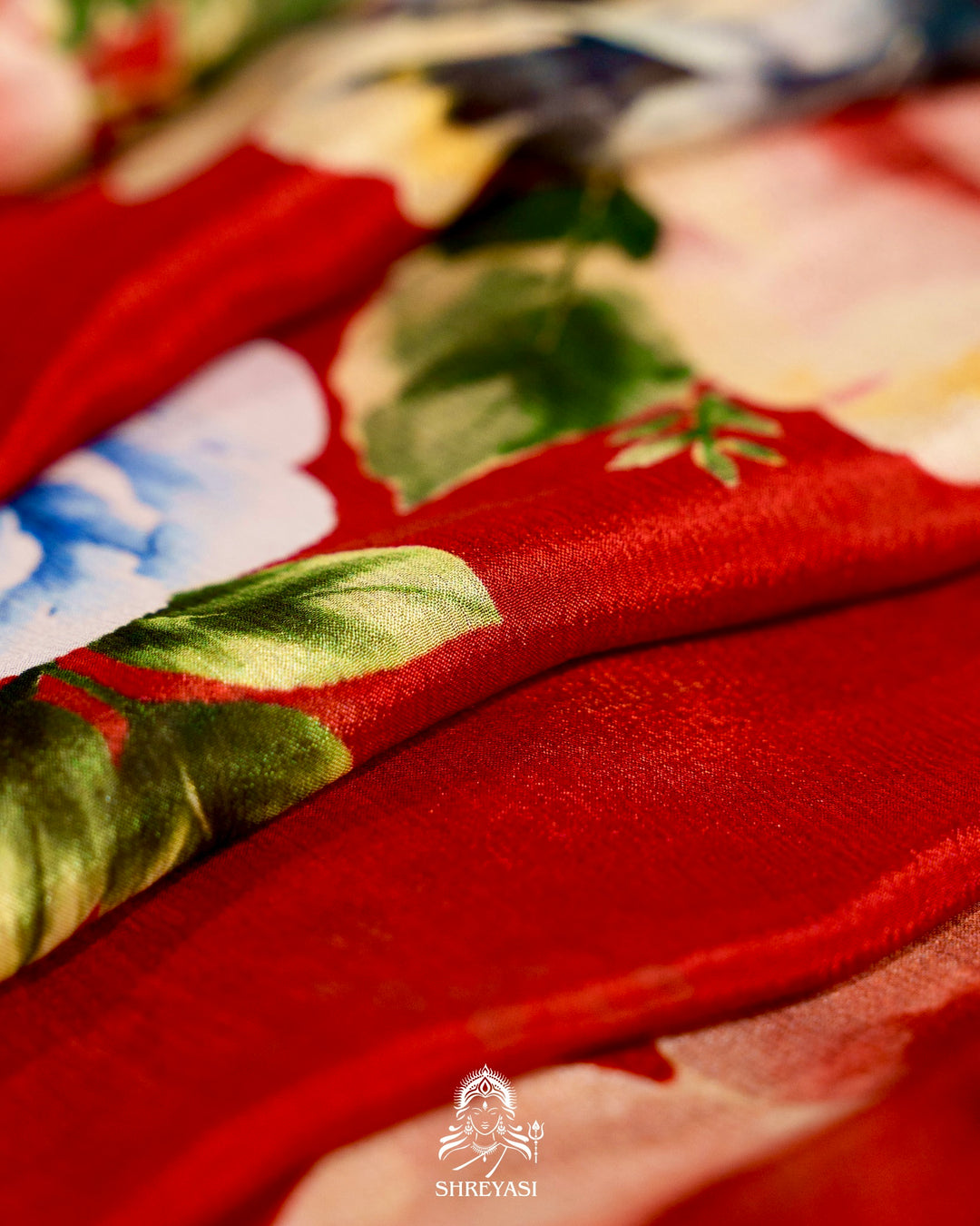 Pure Chinon Satin Silk Saree with Floral Print & Embroidered Border