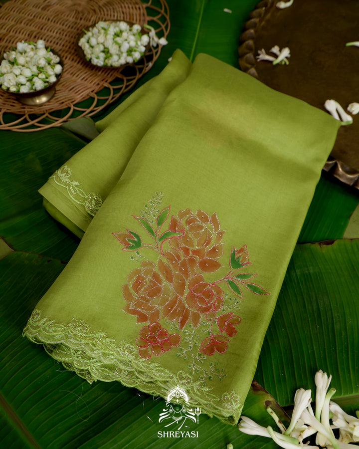 Hand Painted Floral Pure Organza Silk Saree with Pita Embroidery