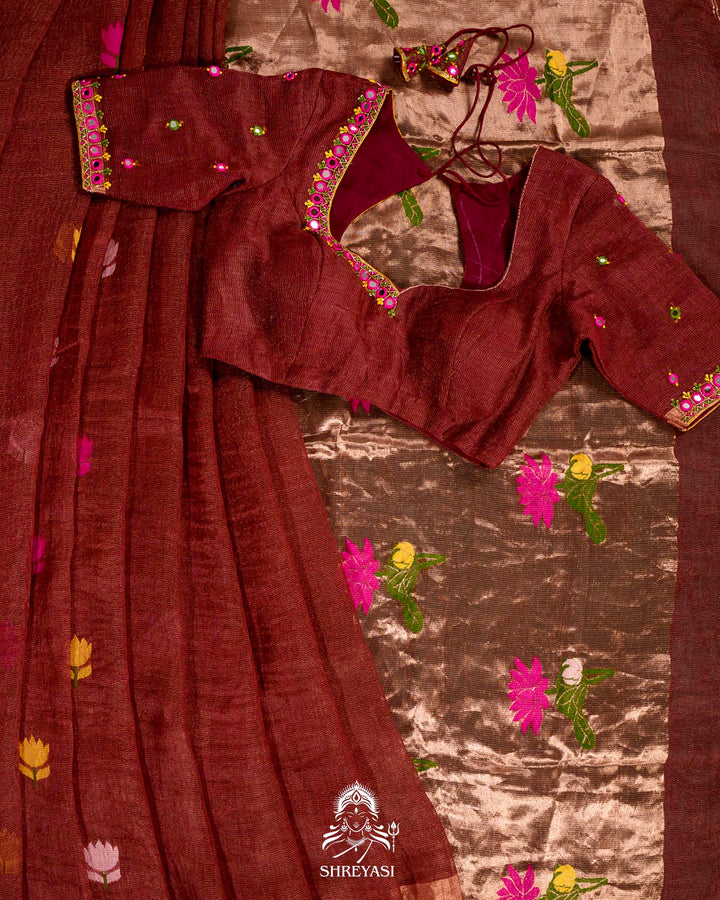 Handloom Silk Linen Jamdani Saree with Tissue Paithani Pallu