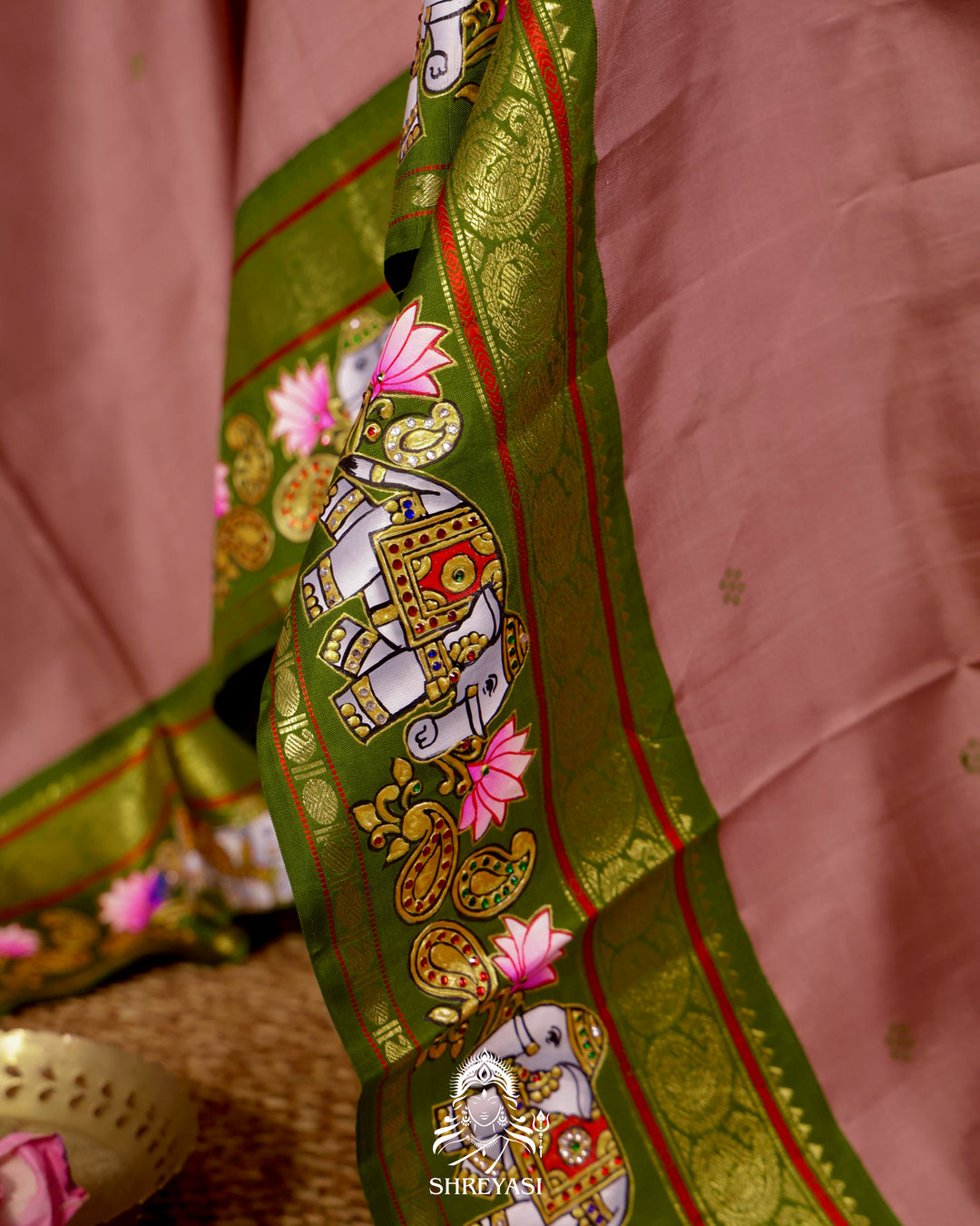 Handloom Pure Kanjivaram Silk Saree in Real Zari with Tanjore Yanai and Kamalam Artwork