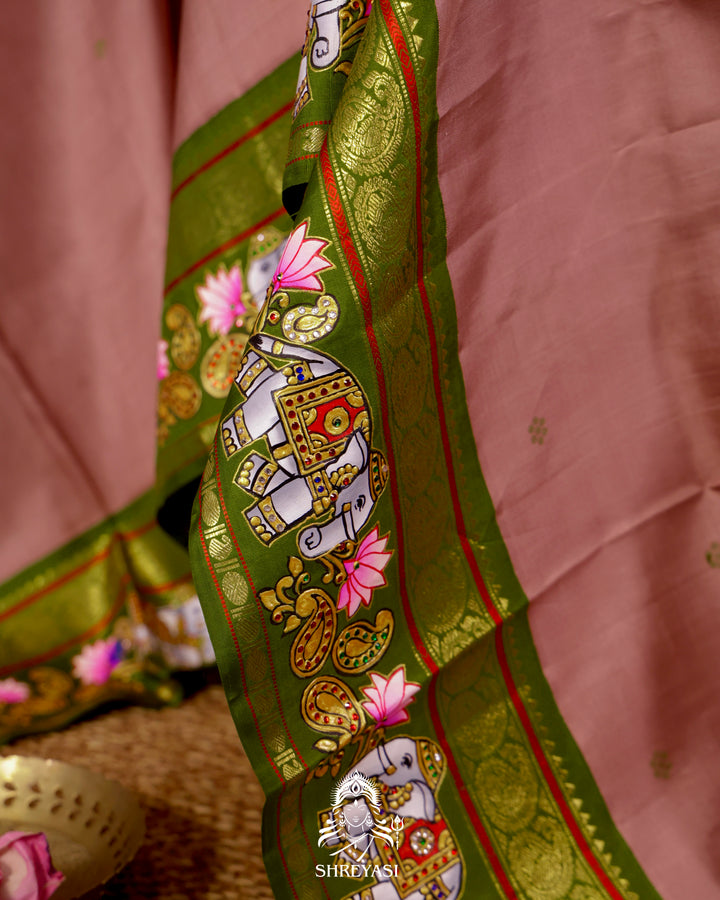 Handloom Pure Kanjivaram Silk Saree in Real Zari with Tanjore Yanai and Kamalam Artwork