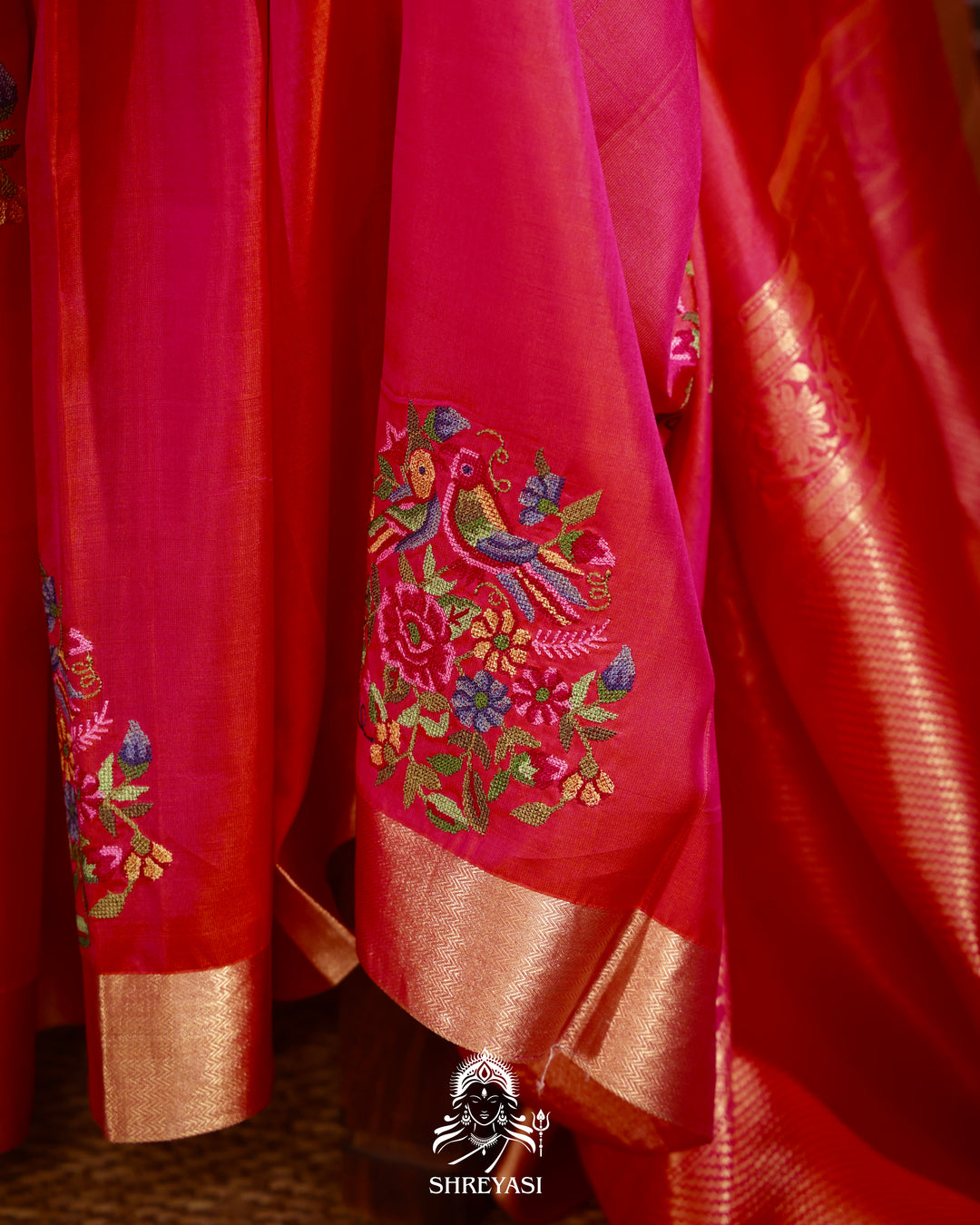 Handloom Pure Kanjivaram Soft Silk Saree with Petit Point Embroidered Floral Bird Clusters
