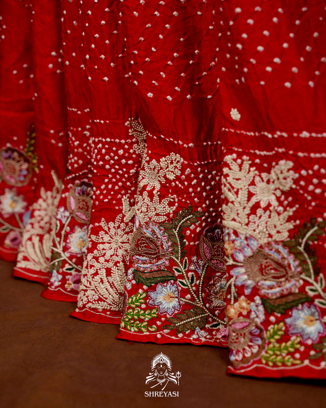 Handloom Pure Gaji Silk Bandhej Saree with Floral Embroidery in Scarlet Red