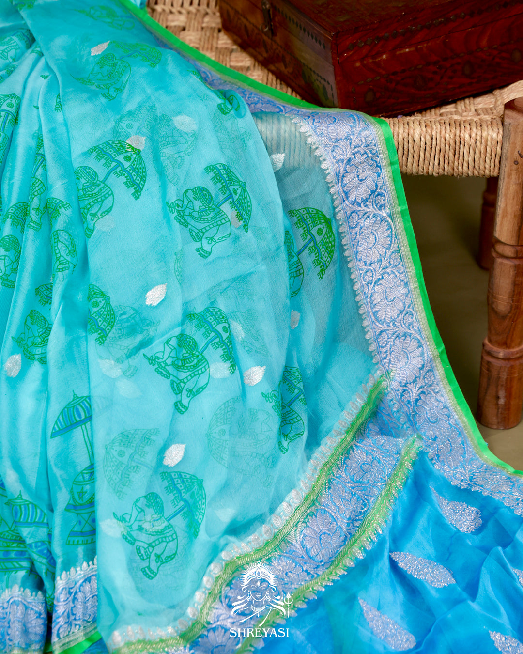 Banarasi Khaddi Chiffon Georgette Saree with Hand Block Motifs